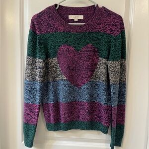 LOFT Women's Striped Heart Sweater - Pink, Green, Blue, Gray